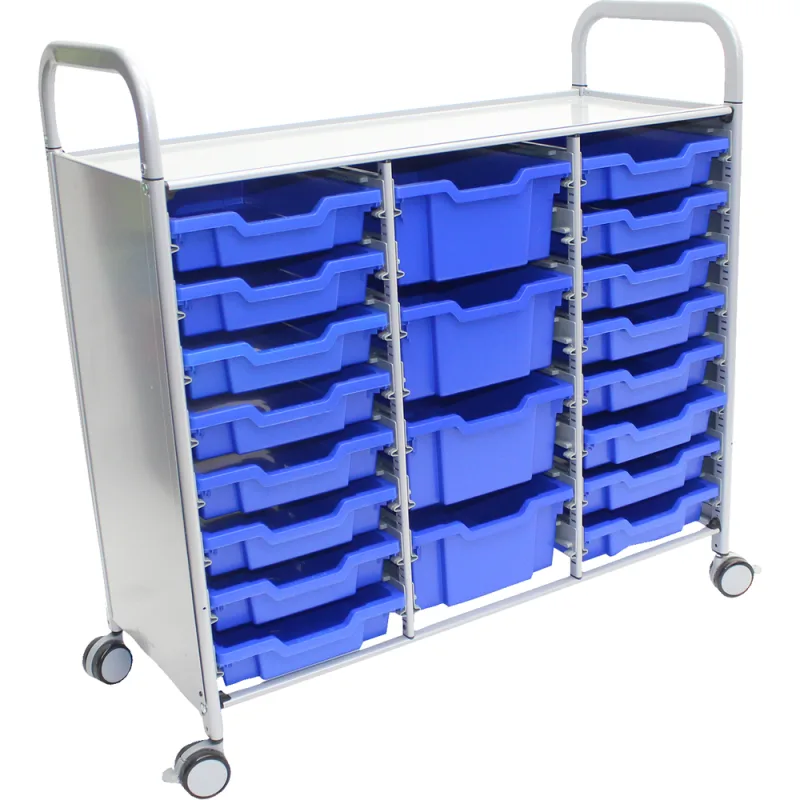 Gratnells Callero Plus Treble Cart with Shallow and Deep Trays - Silver 40.9x18.5x41.5in Box (20) Royal Blue Trays