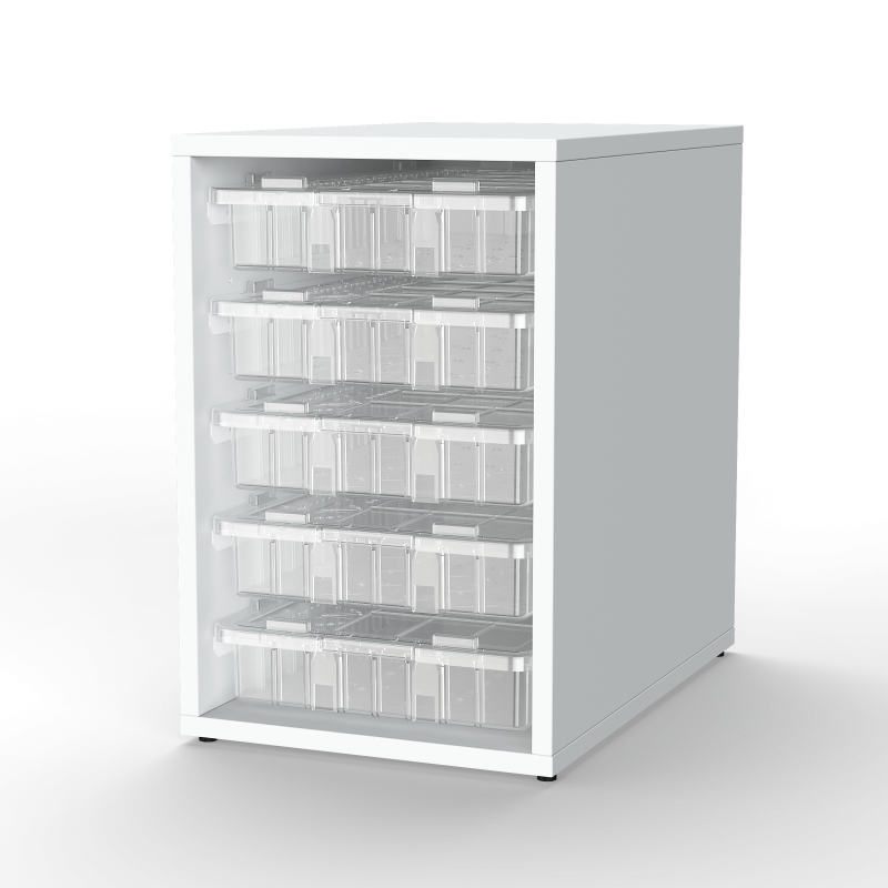 20" Tall Cabinet with 5 Trays & Lids, Clear Trays