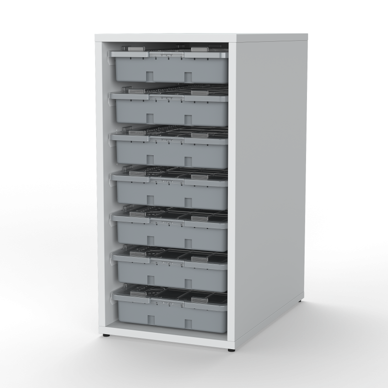 28" Tall Cabinet with 7 Trays & Lids, Grey Trays