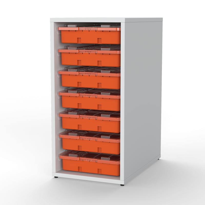 28" Tall Cabinet with 7 Trays & Lids, Orange Trays