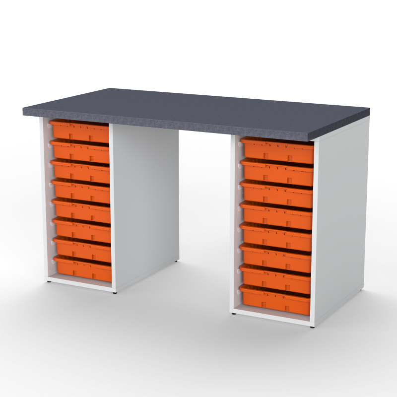 Desk with 2 Cabinets, 16 Trays, Orange Trays