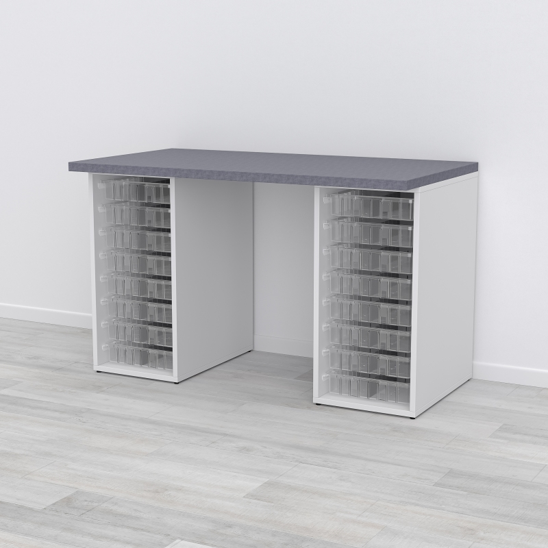 Desk with 2 Cabinets, 14 Trays & Lids, Clear Trays