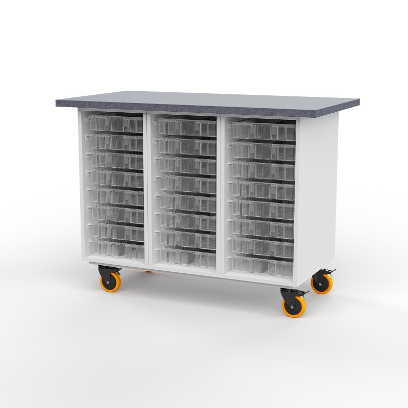 Rolling Workbench with 3 Cabinets, 24 Trays, Clear Trays