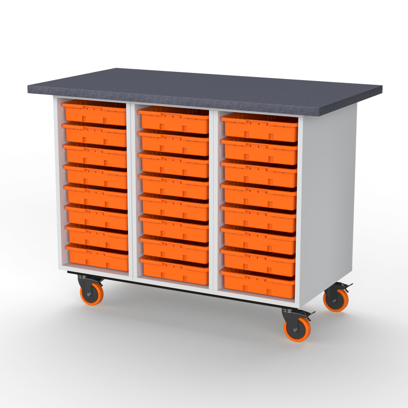 Rolling Workbench with 3 Cabinets, 24 Trays, Orange Trays