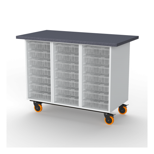 Rolling Workbench with 3 Cabinets, 21 Trays & Lids, Clear Trays
