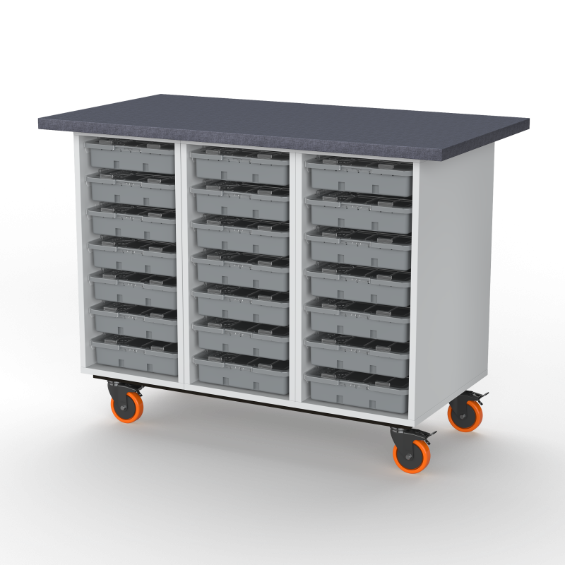 Rolling Workbench with 3 Cabinets, 21 Trays & Lids, Grey Trays