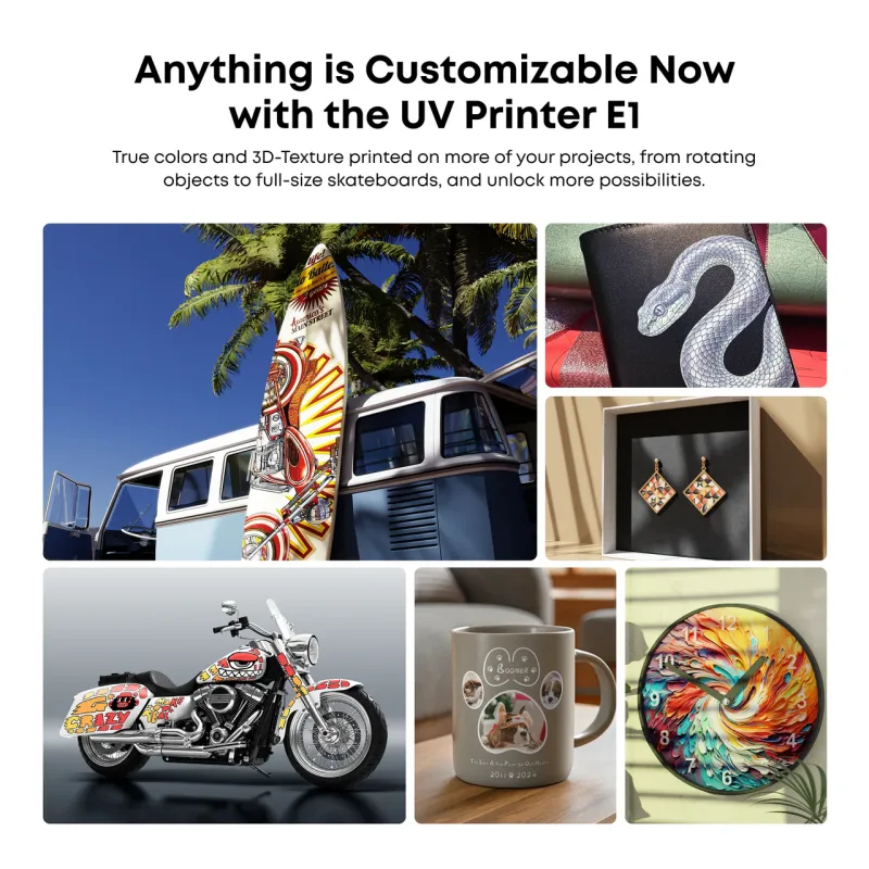 Items printed on the eufyMake E1: a surfboard, a notebook cover, earrings, a motorcycle, a mug and a round sign