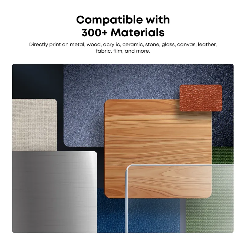 Materials the eufyMake E1 prints on: fabric, metal, wood, leather and glass