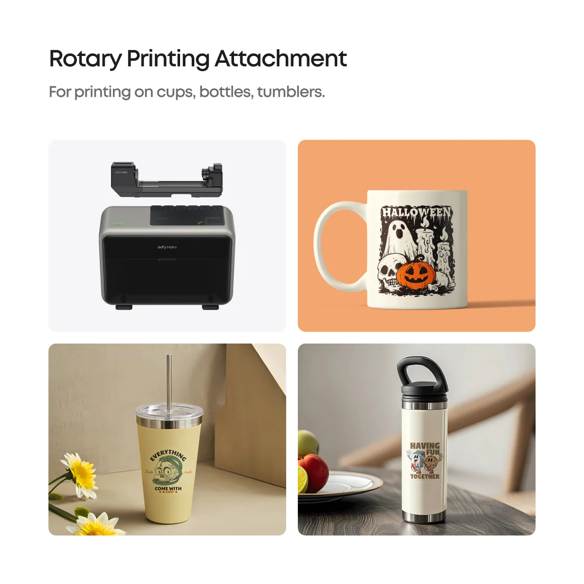 eufy8rotary eufyMake Rotary Printing Attachment with a printed mug, cup and bottle