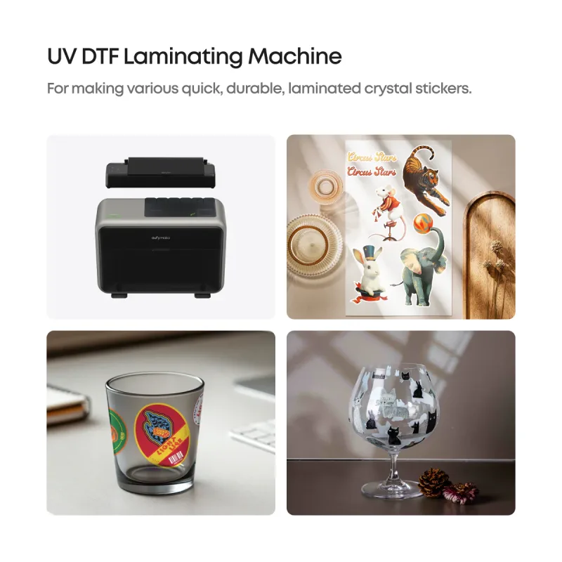 eufyMake UV DTF Laminating Machine with stickers applied to a glass and a goblet