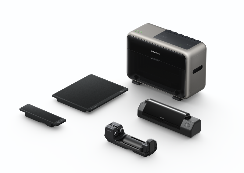 eufyMake E1 UV printer with its flatbeds, the Rotary attachment and the UV DTF Laminating Machine