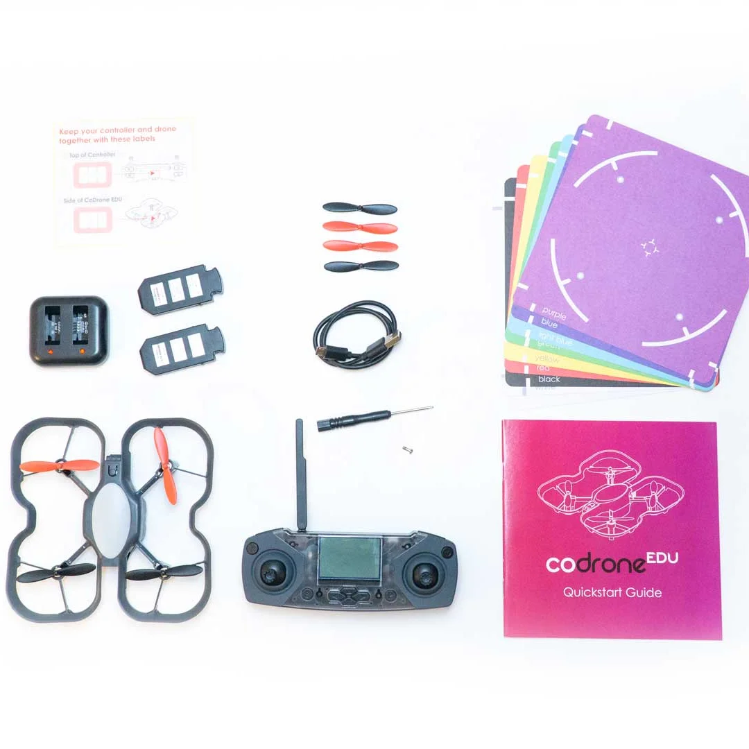 Everything in the CoDrone EDU box laid out
