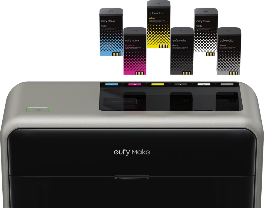 The eufyMake E1 with its six UV ink cartridges loaded on top