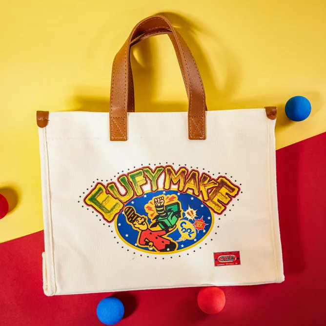 A colorful print on a canvas tote bag