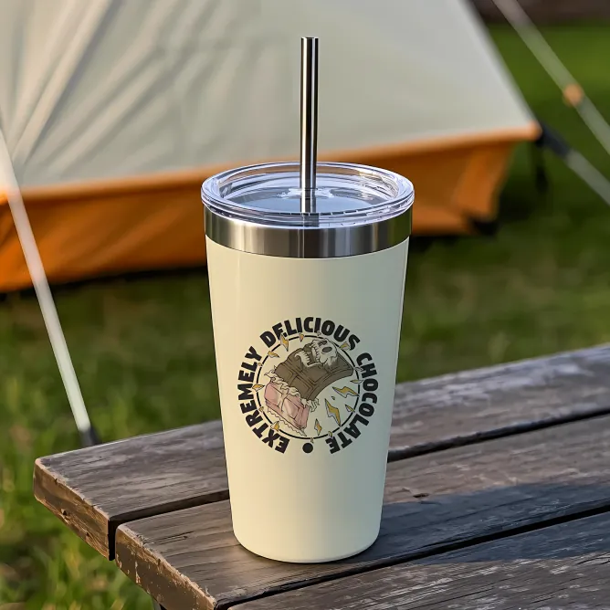 A metal tumbler printed all the way round