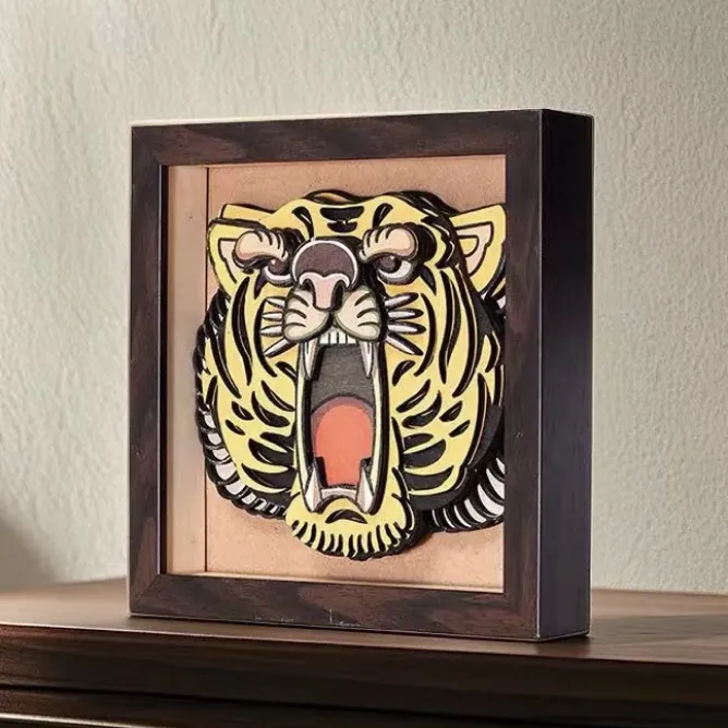 A tiger printed with raised texture on a wood panel