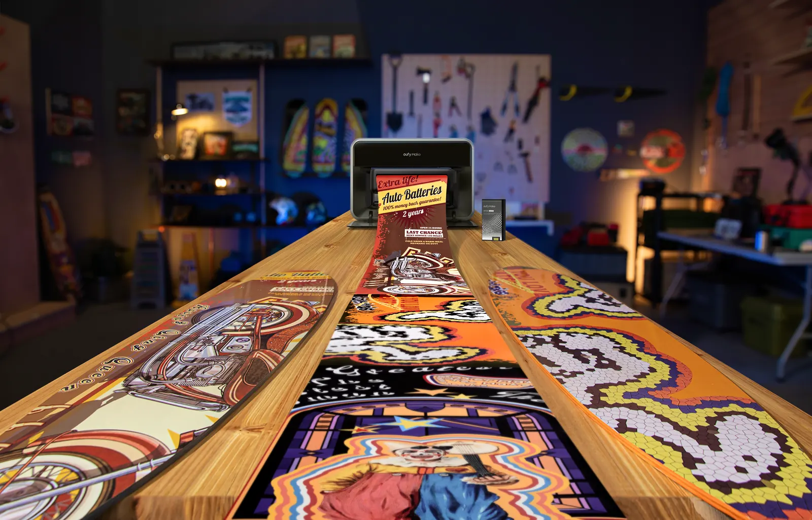 Printed skateboard decks lined up on a workbench