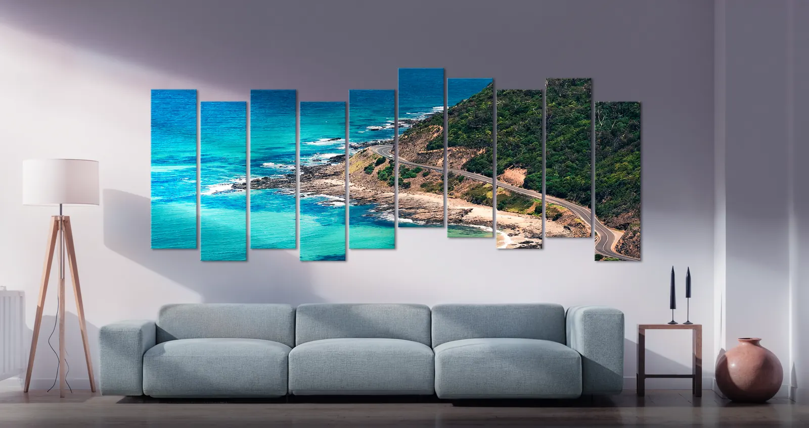 A long printed panorama hung as wall art